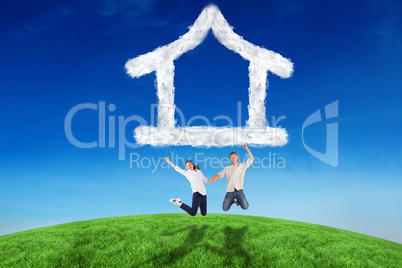 Composite image of couple jumping and holding hands