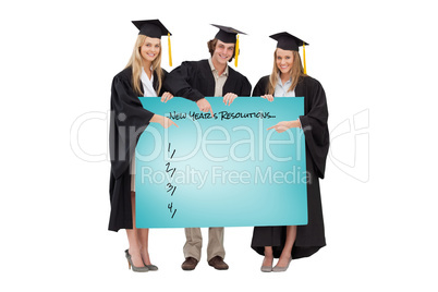 Composite image of three students in graduate robe holding and p