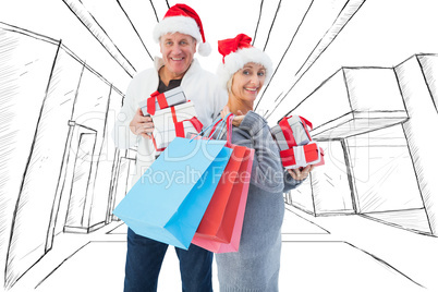 Composite image of couple with shopping bags and gifts