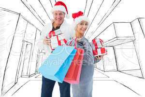 Composite image of couple with shopping bags and gifts