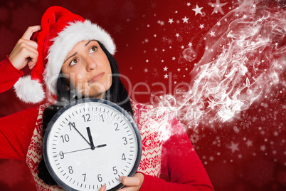 Composite image of woman thinking about the time