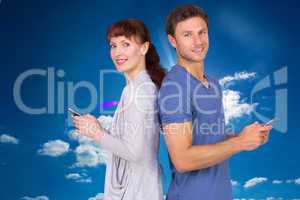 Composite image of couple both sending text messages