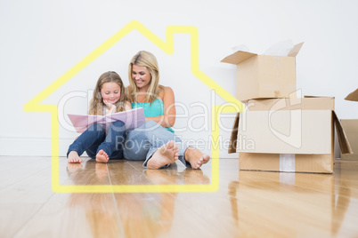 Composite image of mother and daughter reading a book