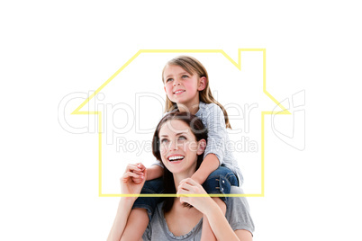 Composite image of cheerful mother giving piggyback ride to her