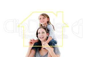 Composite image of cheerful mother giving piggyback ride to her