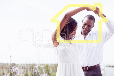 Composite image of romantic couple dancing and smiling