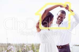 Composite image of romantic couple dancing and smiling