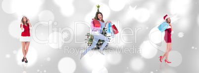 Composite image of festive brunette holding shopping bags