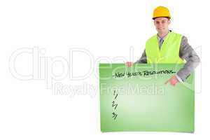 Composite image of smiling builder pointing at something