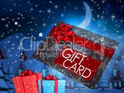 Composite image of flying gift card and presents