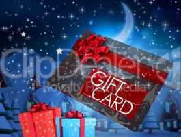 Composite image of flying gift card and presents