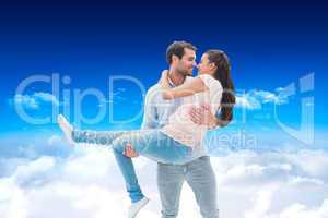 Composite image of attractive young couple having fun