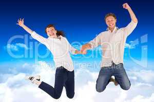 Composite image of couple jumping and holding hands