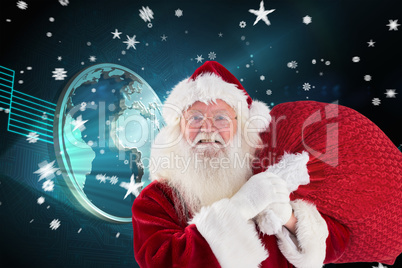 Composite image of jolly santa carries his sack