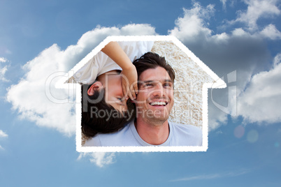 Composite image of close up of a little boy and his father lying