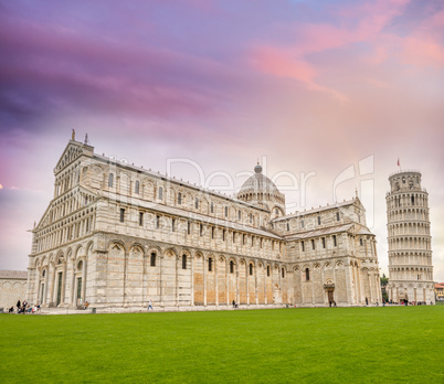 Pisa, Cathedral and Leaning Tower in Square of Miracles at sunse