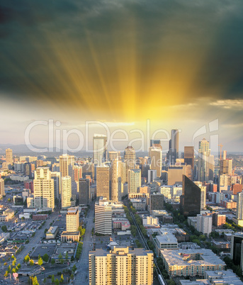 Seattle skyline aerial panorama at sunset, Seattle, WA