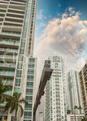 Miami skyline against dramatic sky. View from street level
