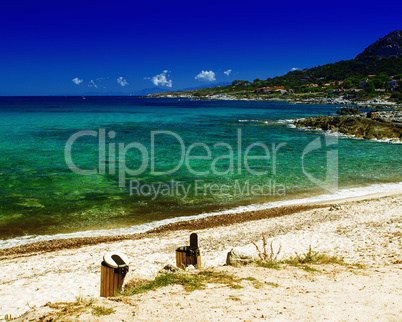 Beautiful ocean colors with mountains and blue sky