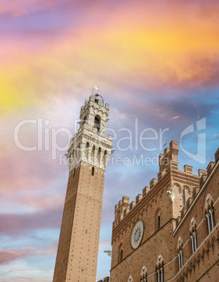 Siena. Mangia Tower in Campo Square at dusk