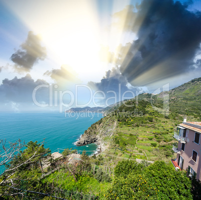Stunning seascape of Cinque Terre. Five Lands at sunset, Italy