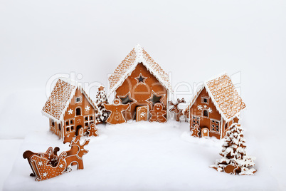 The family near hand-made eatable gingerbread house and New Year