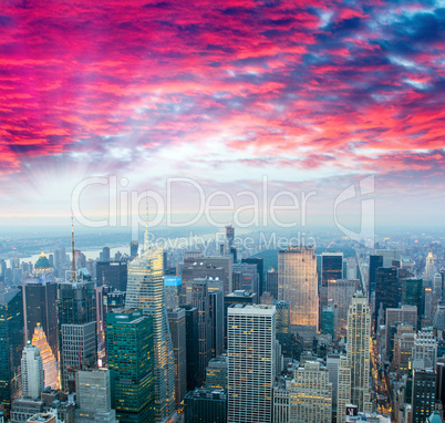 Stunning sunset over Midtown Manhattan, aerial view of New York