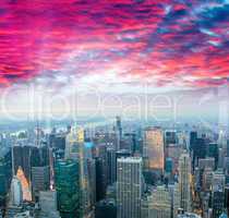 Stunning sunset over Midtown Manhattan, aerial view of New York