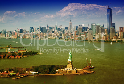 Aerial view of Statue of Liberty and Manhattan, New York City