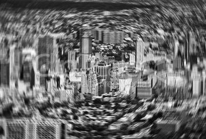 Motion blurred image of New York buildings from helicopter