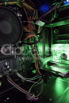 view of the internal structure of the pc with a green light from