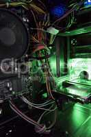 view of the internal structure of the pc with a green light from