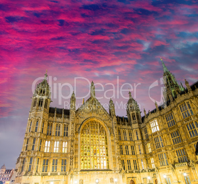 London. Westminster Palace, exterior view with a beautiful sunse