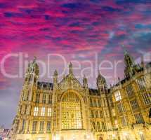 London. Westminster Palace, exterior view with a beautiful sunse