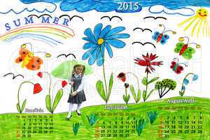 Children's drawing with schoolgirl and summer calendar