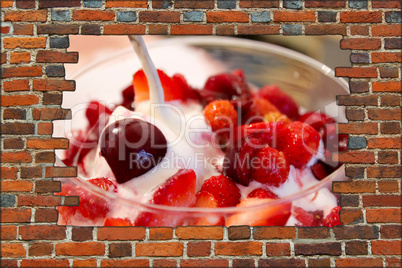broken brick wall and icecream with cherry and wild strawberry
