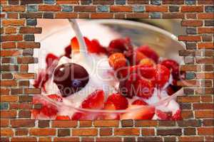 broken brick wall and icecream with cherry and wild strawberry