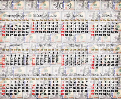 calendar for 2015 year on the dollar's background