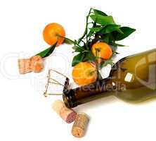 Empty bottle of wine, corks, muselet and mandarins