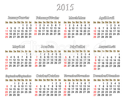 calendar for 2015 year in English and French