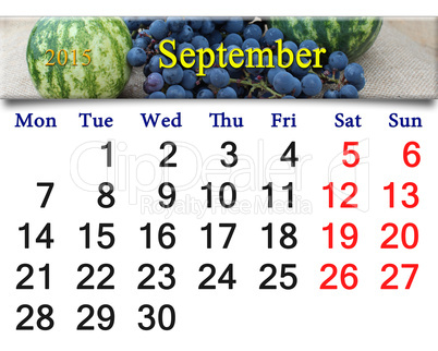 calendar for September of 2015 with the grapes