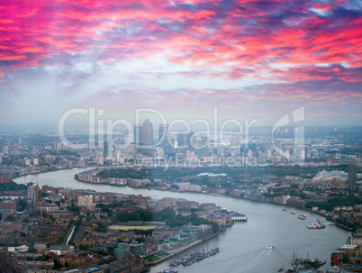 Canary Wharf aerial skyline and river Thames in London. Beautifu