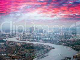 Canary Wharf aerial skyline and river Thames in London. Beautifu