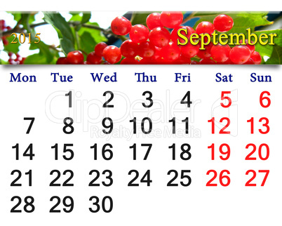 calendar for September of 2015 with snowball tree