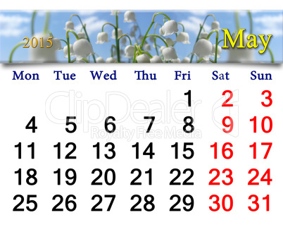 calendar for May of 2015 year with lily of the valley