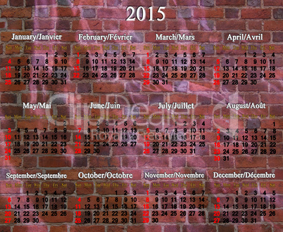 calendar for 2015 year in English and French