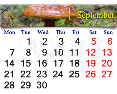calendar for September of 2015 with mushroom