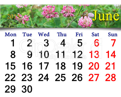 calendar for June of 2015 with flowers of clover