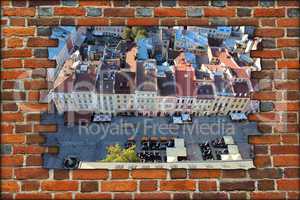 brick wall and view to the house-tops in Lvov city