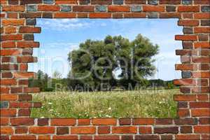 broken brick wall and view to summer landscape